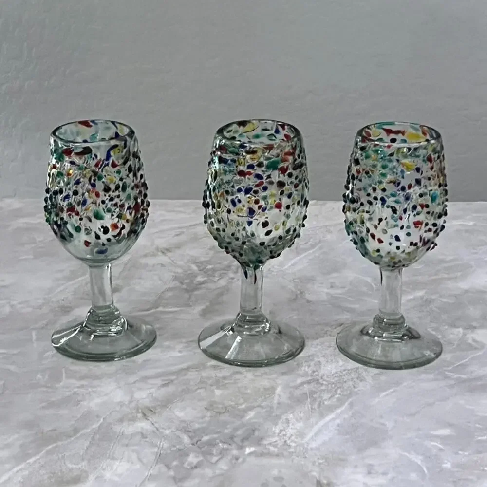 Hand Blown Ball Wine Glasses Colorful Textured Pebble Confetti Design Set of 3